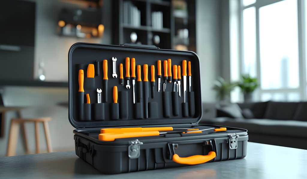 black plastic tool case with orange tools on a gray table in a modern home interior, close up view.